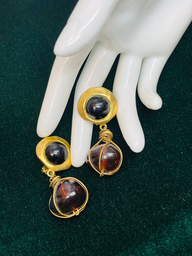 Brown and Black Caged Stone Earrings